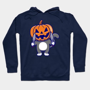 Cute Cat Wearing Pumpkin Halloween with Knife Cartoon Hoodie